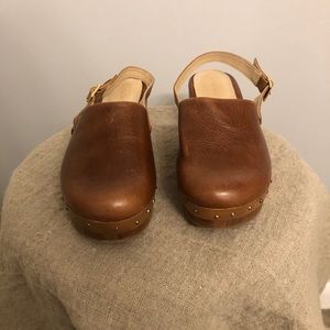 Leather and wood clog mules